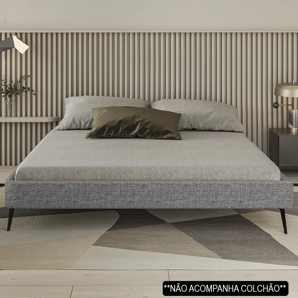 Cama Casal 145cm Pés Metálicos Elisa S05 Linho Cinza - Mpozenato