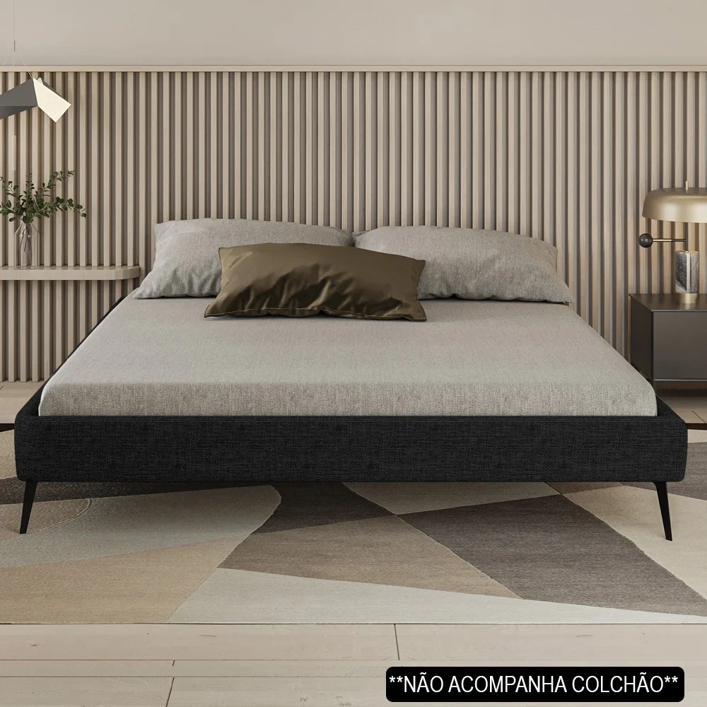 Cama Casal Queen 165cm Pés Metálicos Elisa S05 Linho Preto - Mpozenato