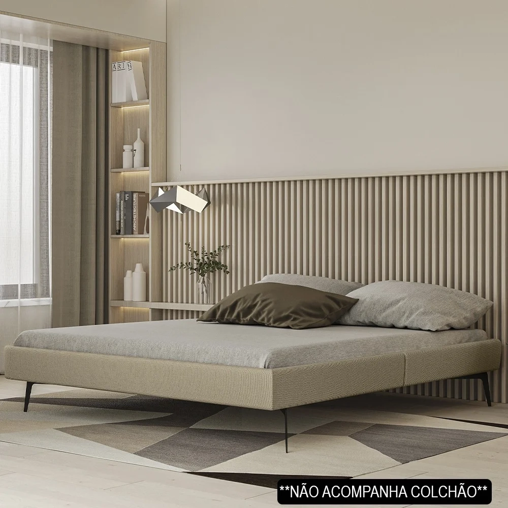 Cama Casal King 199cm Pés Metálicos Elisa S05 Linho Bege - Mpozenato