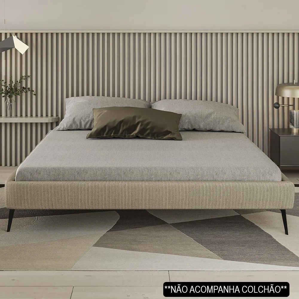Cama Casal King 199cm Pés Metálicos Elisa S05 Linho Bege - Mpozenato