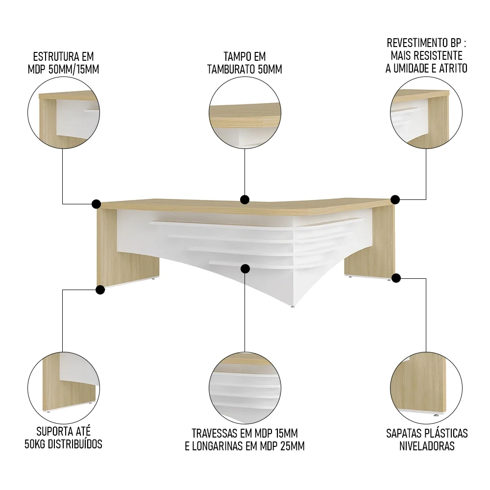 Conjunto Escritório Home Office 3 Peças Mesa em L Corp A06 Carvalho/Branco - Mpozenato