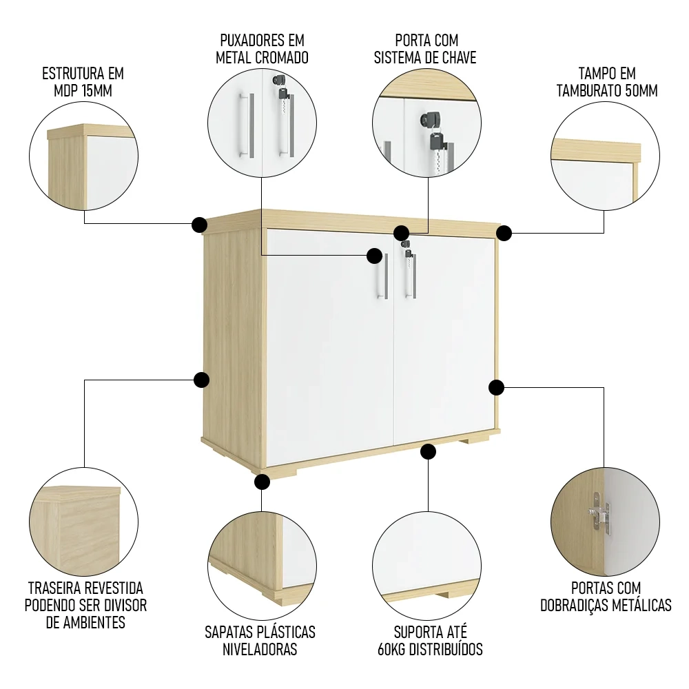Conjunto Escritório Home Office 3 Peças Mesa em L Corp A06 Carvalho/Branco - Mpozenato