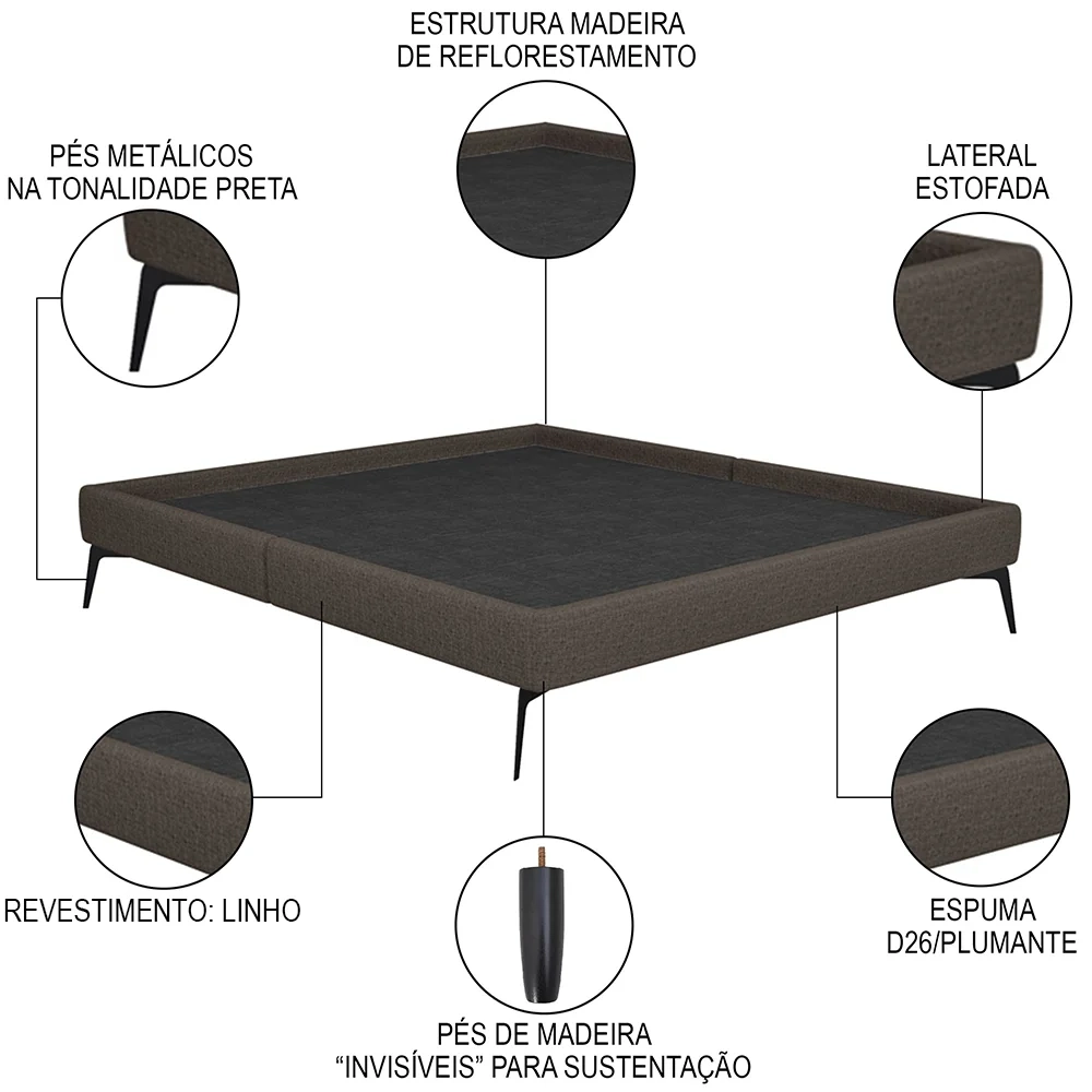 Cama Casal King 199cm Pés Metálicos Elisa S05 Linho Marrom - Mpozenato