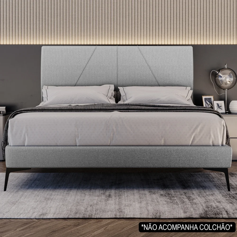 Cama Casal com Cabeceira 145cm Pés Metálicos Elisa S05 Linho Cinza - Mpozenato