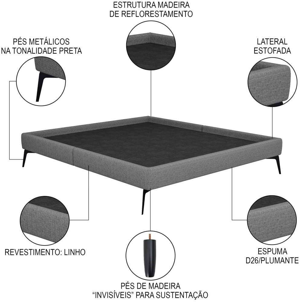 Cama Casal com Cabeceira 145cm Pés Metálicos Elisa S05 Linho Cinza - Mpozenato