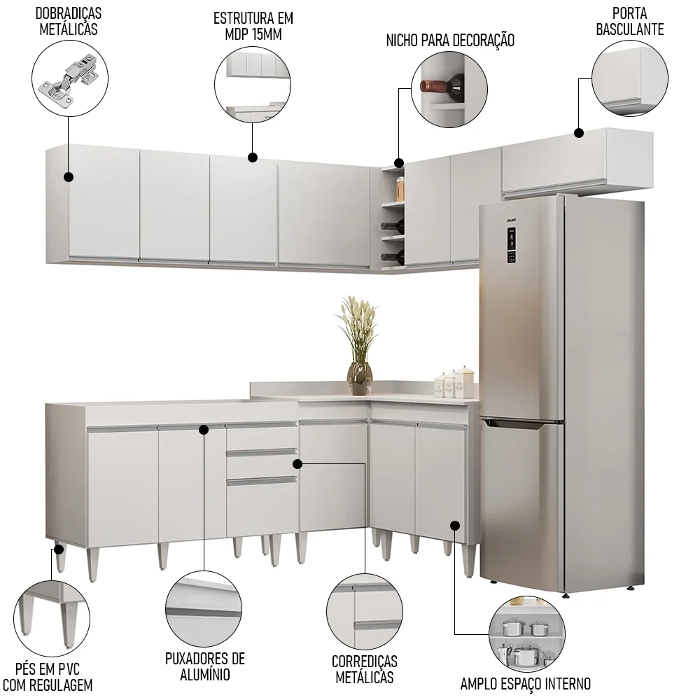 Armário de Cozinha Modulado de Canto 7 Peças CP19 Balcão sem Tampo Branco - Lumil