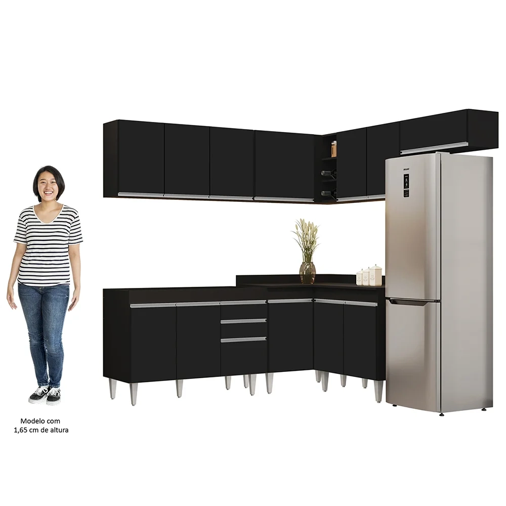 Armário de Cozinha Modulado de Canto 7 Peças CP19 Balcão sem Tampo Preto - Lumil