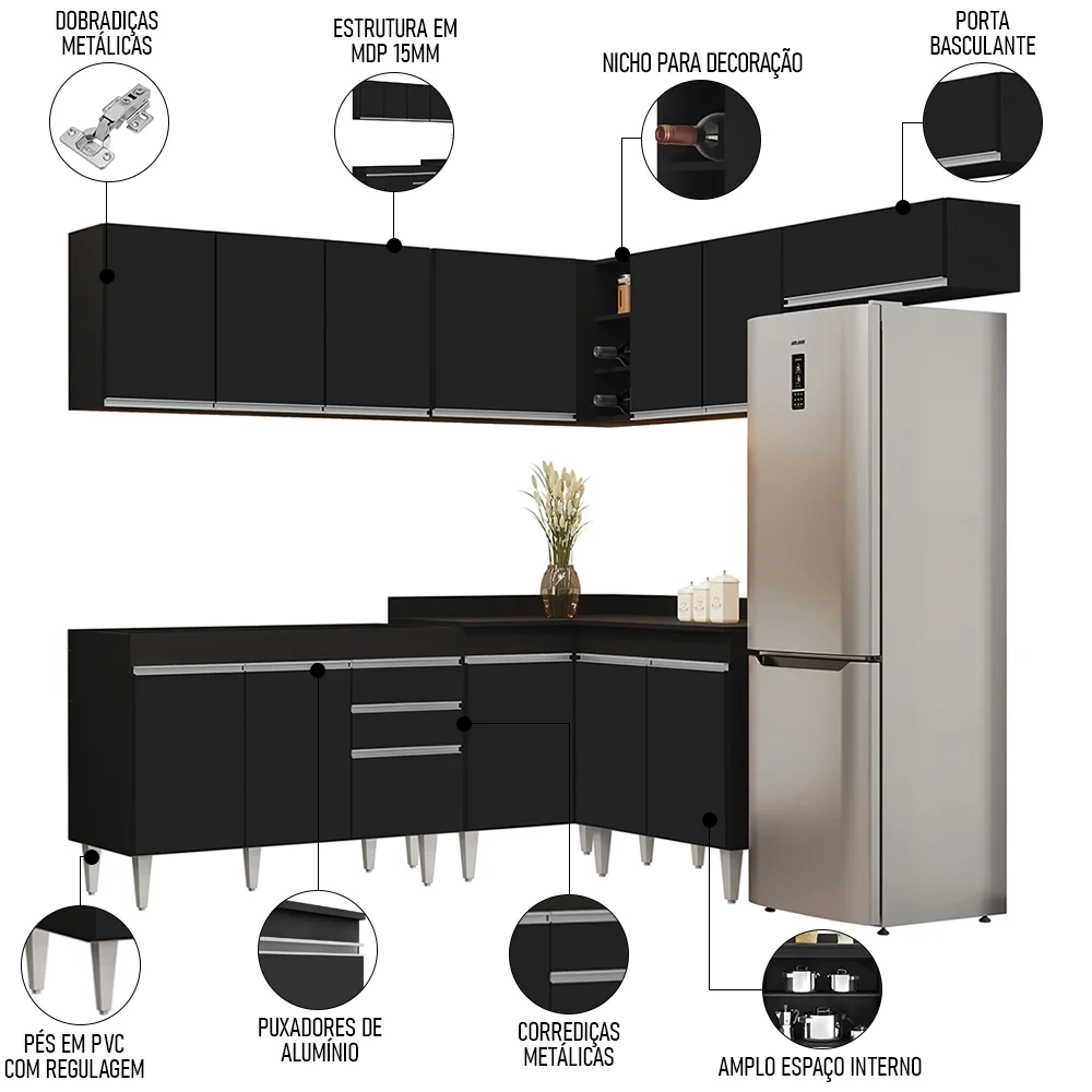 Armário de Cozinha Modulado de Canto 7 Peças CP19 Balcão sem Tampo Preto - Lumil