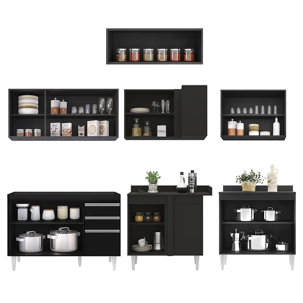 Armário de Cozinha Modulado de Canto 7 Peças CP19 Balcão sem Tampo Preto - Lumil