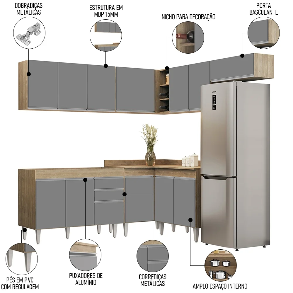 Armário de Cozinha Modulado de Canto 7 Peças CP19 Balcão sem Tampo Castanho/Cinza - Lumil
