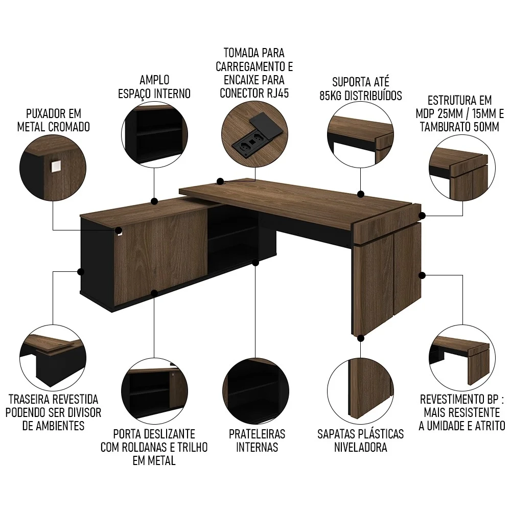 Conjunto Escritório Home Office 3 Peças Mesa Diretor Corp A06 Charuto/Preto - Mpozenato