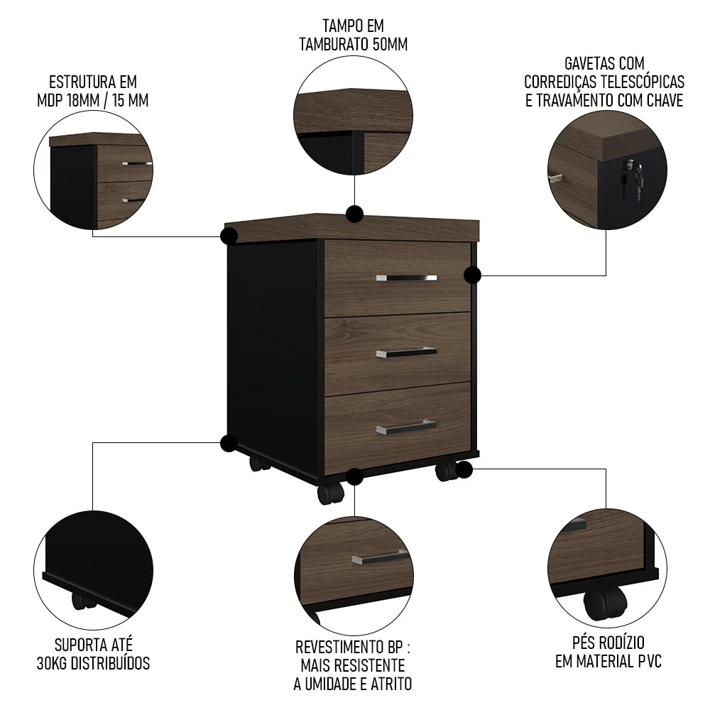 Conjunto Escritório Home Office 3 Peças Mesa Diretor Corp A06 Charuto/Preto - Mpozenato