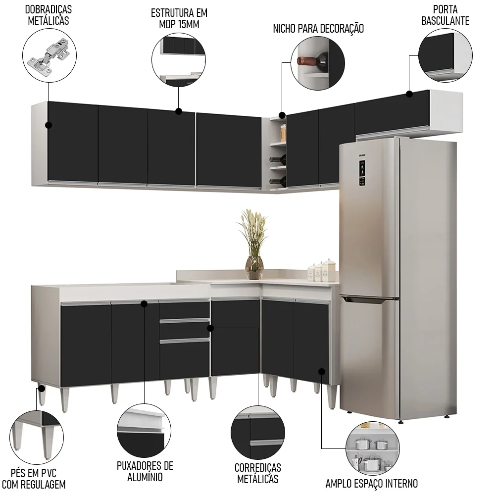 Armário de Cozinha Modulado de Canto 7 Peças CP19 Balcão sem Tampo Branco/Preto - Lumil