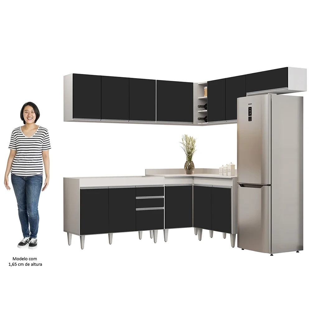 Armário de Cozinha Modulado de Canto 7 Peças CP19 Balcão sem Tampo Branco/Preto - Lumil