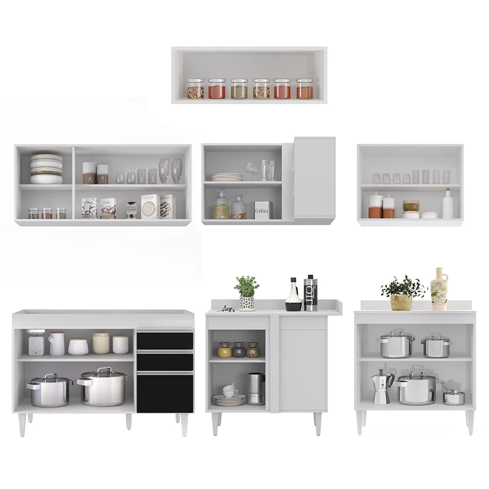 Armário de Cozinha Modulado de Canto 7 Peças CP19 Balcão sem Tampo Branco/Preto - Lumil