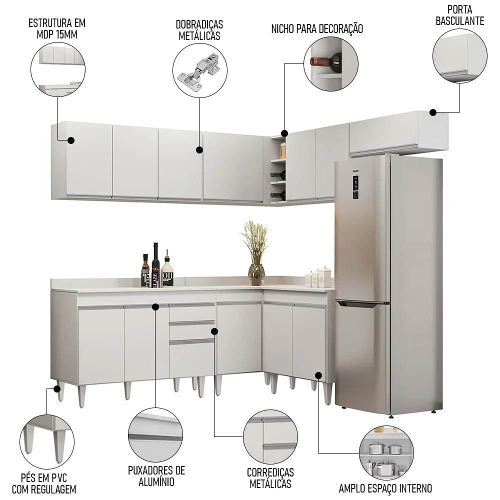 Armário de Cozinha Modulado de Canto 7 Peças CP20 Balcão com Tampo Branco - Lumil