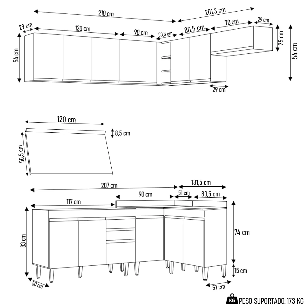 Armário de Cozinha Modulado de Canto 7 Peças CP20 Balcão com Tampo Branco - Lumil