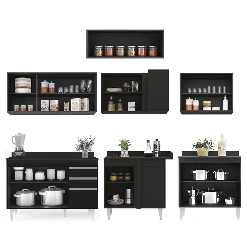 Armário de Cozinha Modulado de Canto 7 Peças CP20 Balcão com Tampo Preto - Lumil