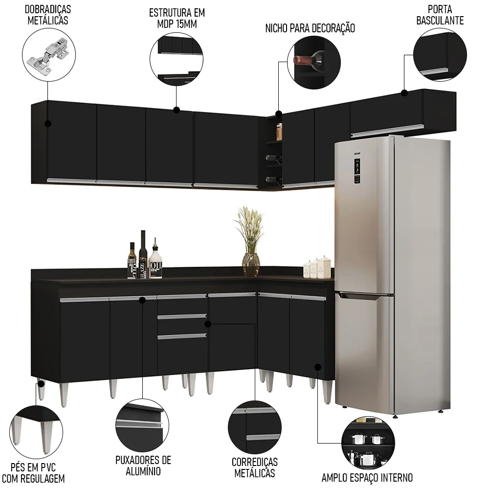 Armário de Cozinha Modulado de Canto 7 Peças CP20 Balcão com Tampo Preto - Lumil