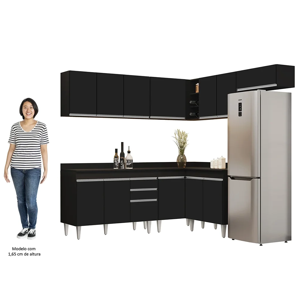 Armário de Cozinha Modulado de Canto 7 Peças CP20 Balcão com Tampo Preto - Lumil