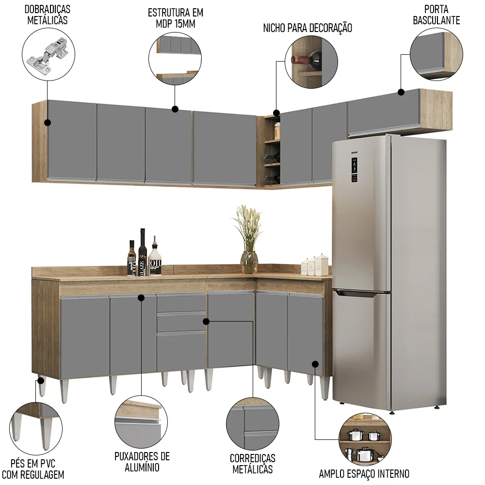 Armário de Cozinha Modulado de Canto 7 Peças CP20 Balcão com Tampo Castanho/Cinza - Lumil