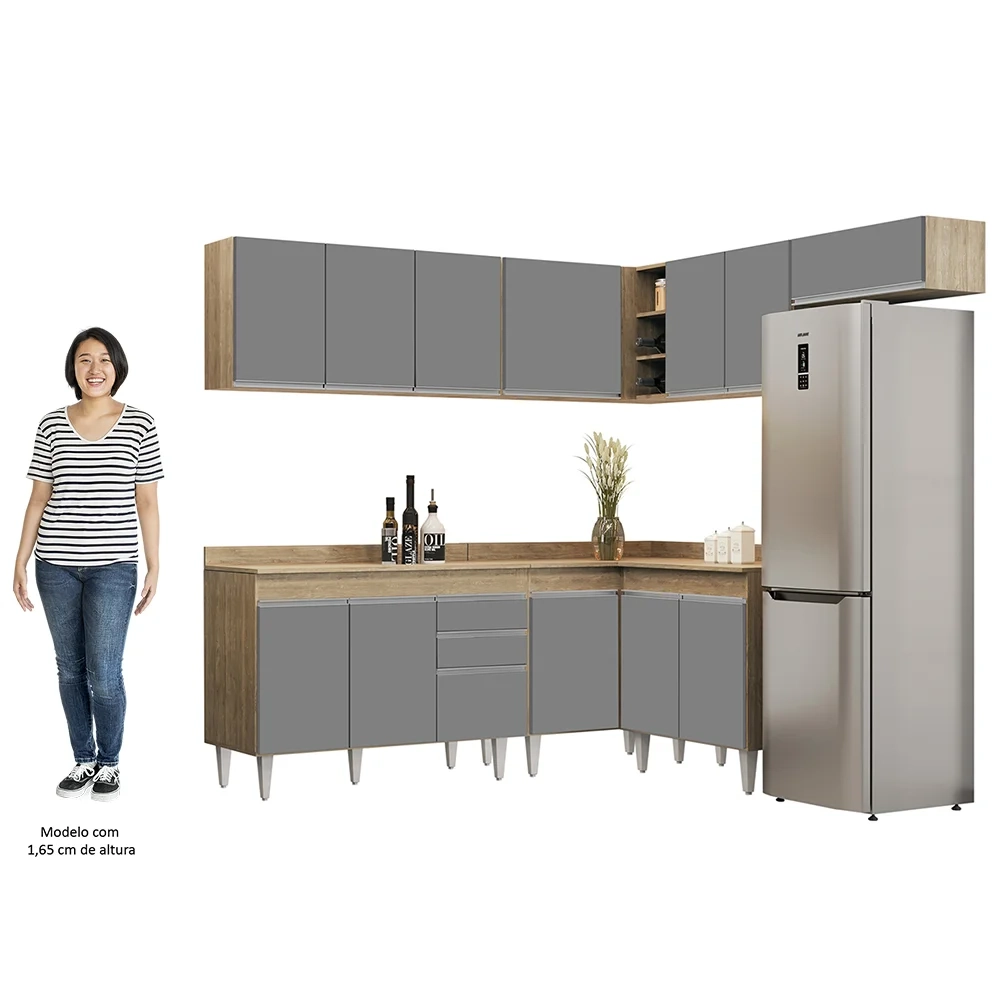 Armário de Cozinha Modulado de Canto 7 Peças CP20 Balcão com Tampo Castanho/Cinza - Lumil