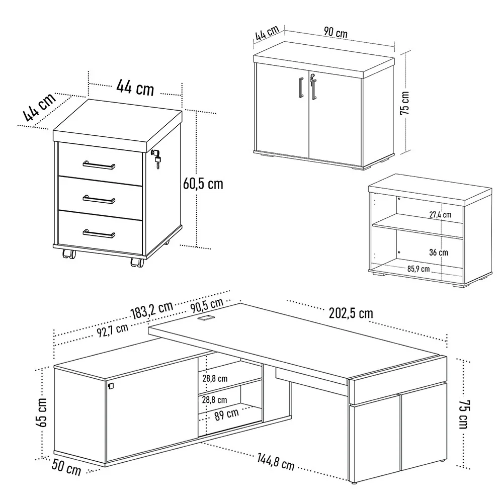 Conjunto Escritório Home Office 3 Peças Mesa Diretor Corp A06 Carvalho/Branco - Mpozenato