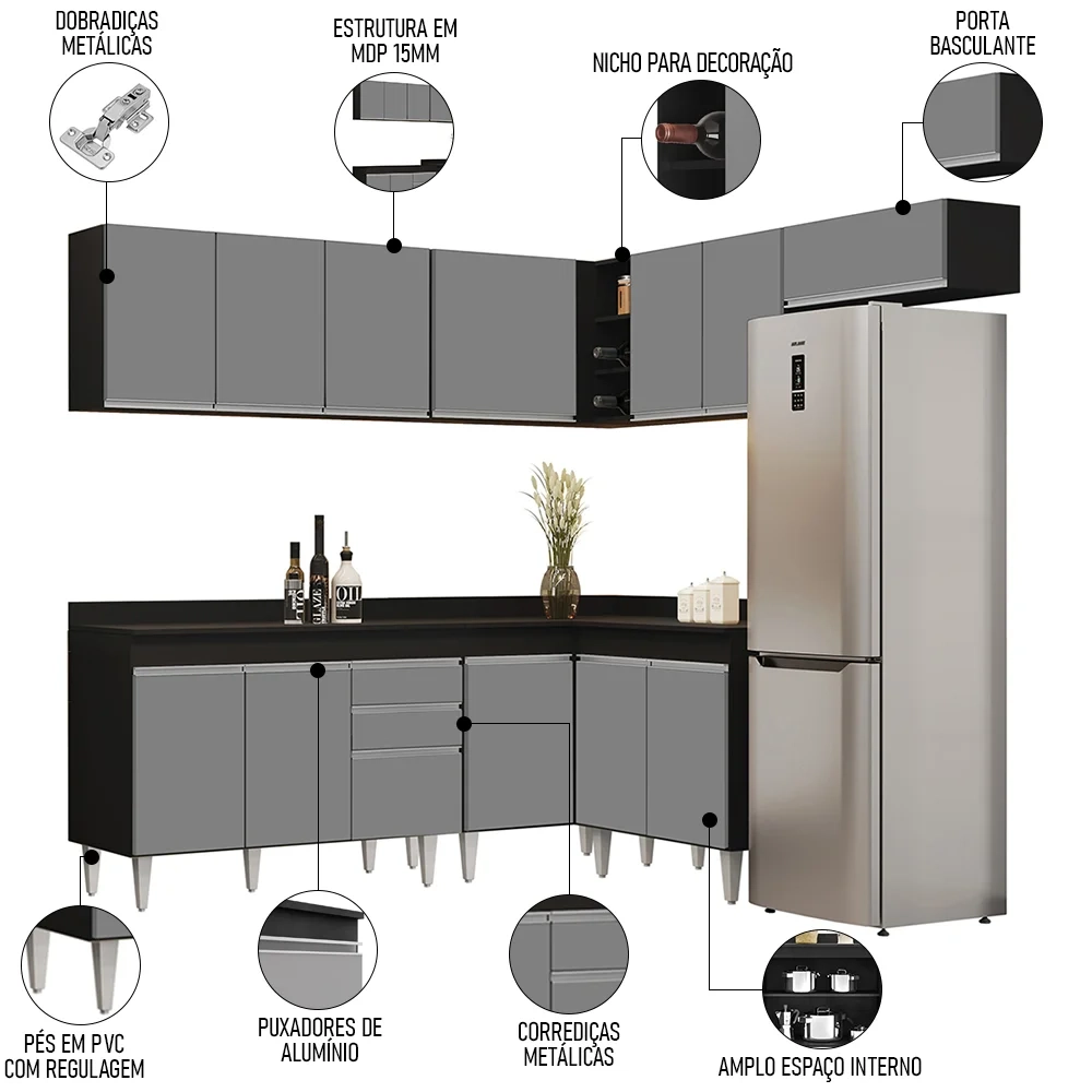 Armário de Cozinha Modulado de Canto 7 Peças CP20 Balcão com Tampo Preto/Cinza - Lumil