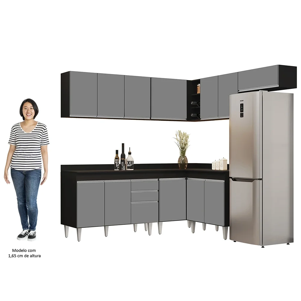Armário de Cozinha Modulado de Canto 7 Peças CP20 Balcão com Tampo Preto/Cinza - Lumil