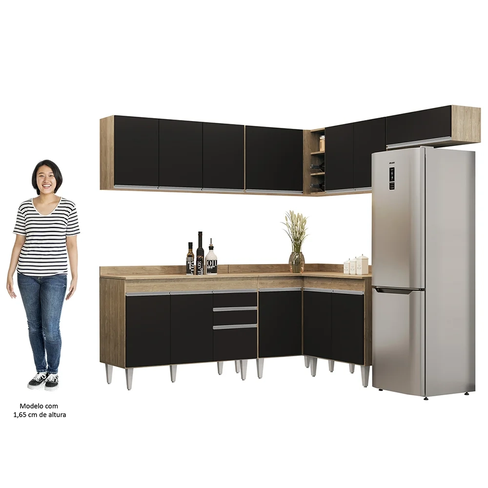 Armário de Cozinha Modulado de Canto 7 Peças CP20 Balcão com Tampo Castanho/Preto - Lumil