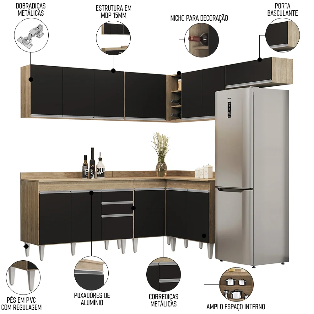 Armário de Cozinha Modulado de Canto 7 Peças CP20 Balcão com Tampo Castanho/Preto - Lumil