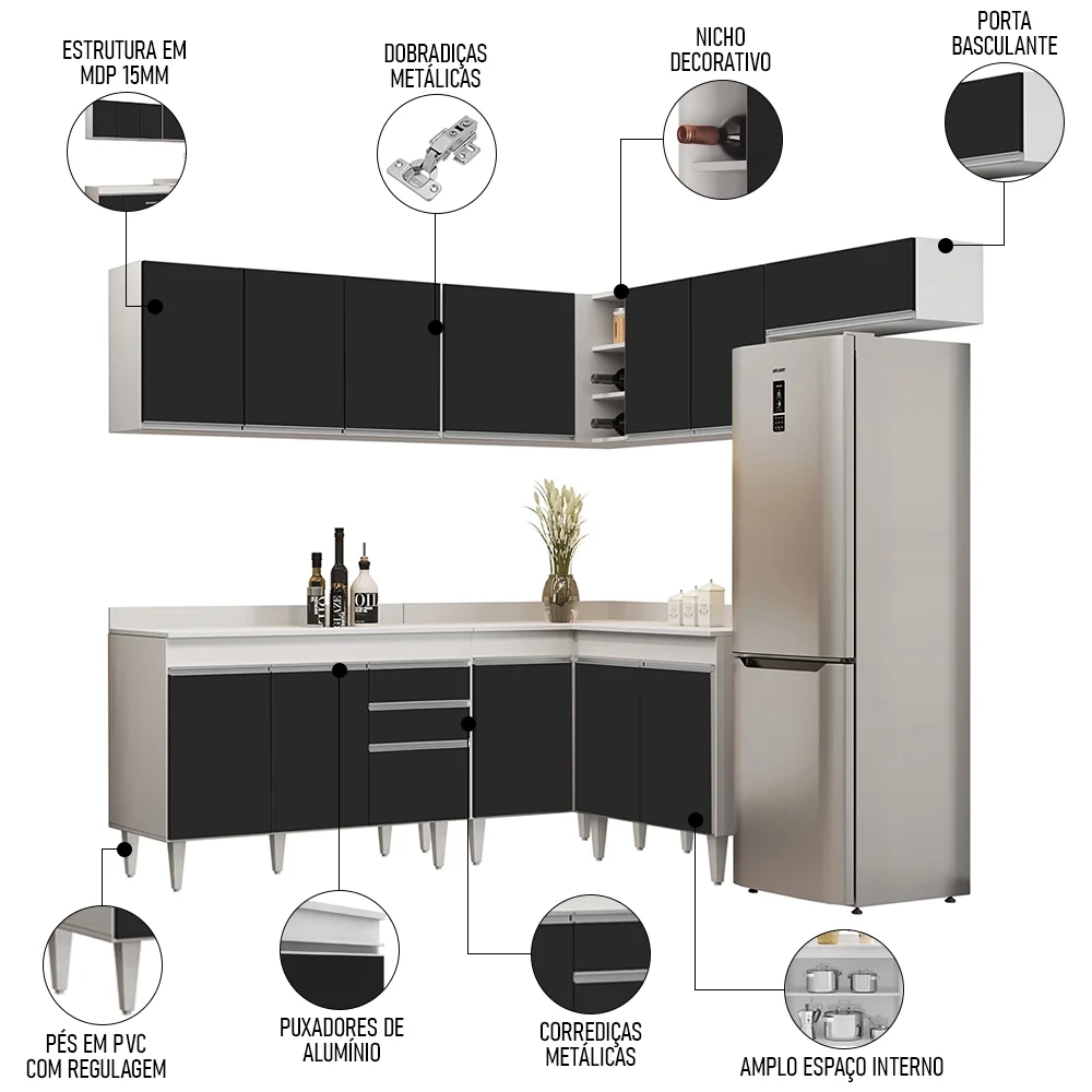 Armário de Cozinha Modulado de Canto 7 Peças CP20 Balcão com Tampo Branco/Preto - Lumil