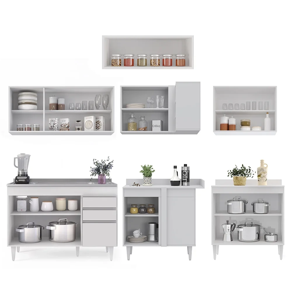 Armário de Cozinha Modulado de Canto 7 Peças CP21 com Pia Inox Branco - Lumil