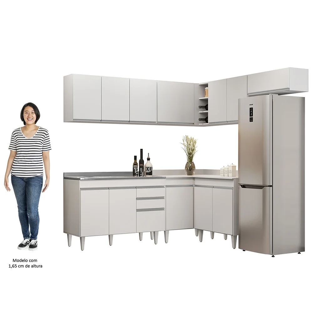 Armário de Cozinha Modulado de Canto 7 Peças CP21 com Pia Inox Branco - Lumil