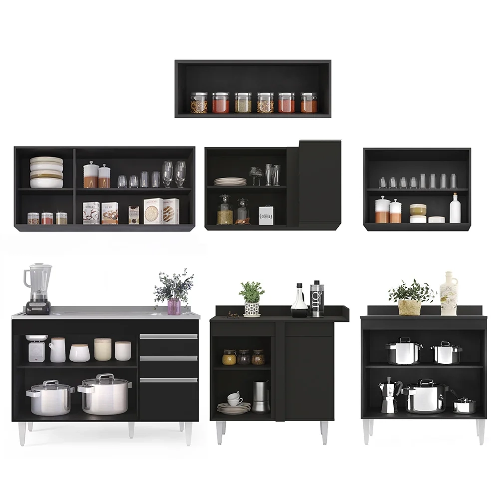 Armário de Cozinha Modulado de Canto 7 Peças CP21 com Pia Inox Preto - Lumil