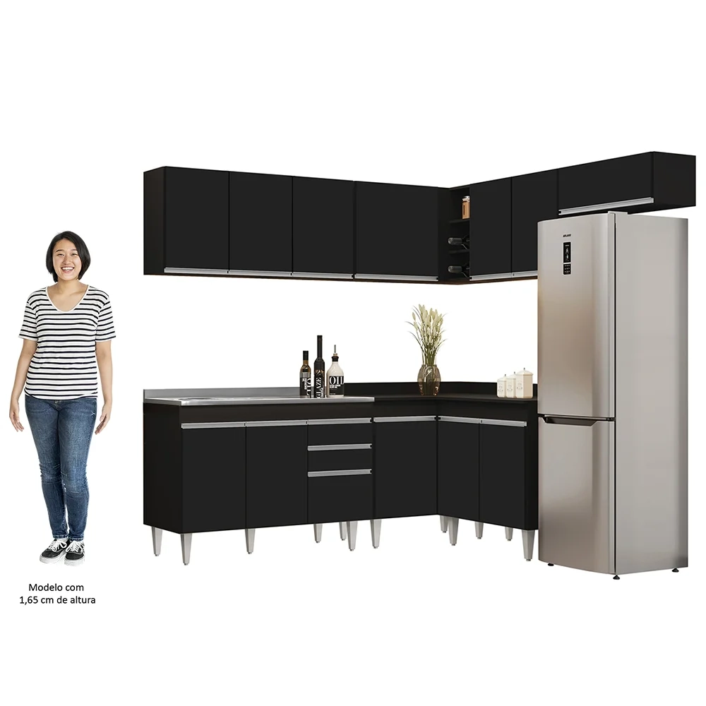 Armário de Cozinha Modulado de Canto 7 Peças CP21 com Pia Inox Preto - Lumil