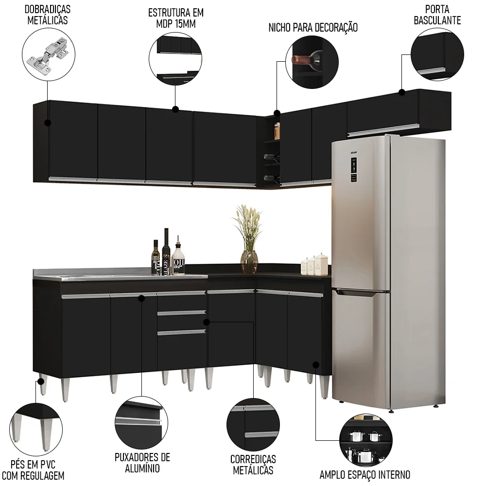 Armário de Cozinha Modulado de Canto 7 Peças CP21 com Pia Inox Preto - Lumil