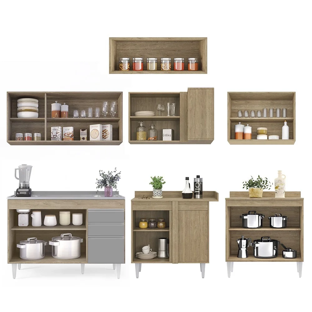 Armário de Cozinha Modulado de Canto 7 Peças CP21 com Pia Inox Castanho/Cinza - Lumil