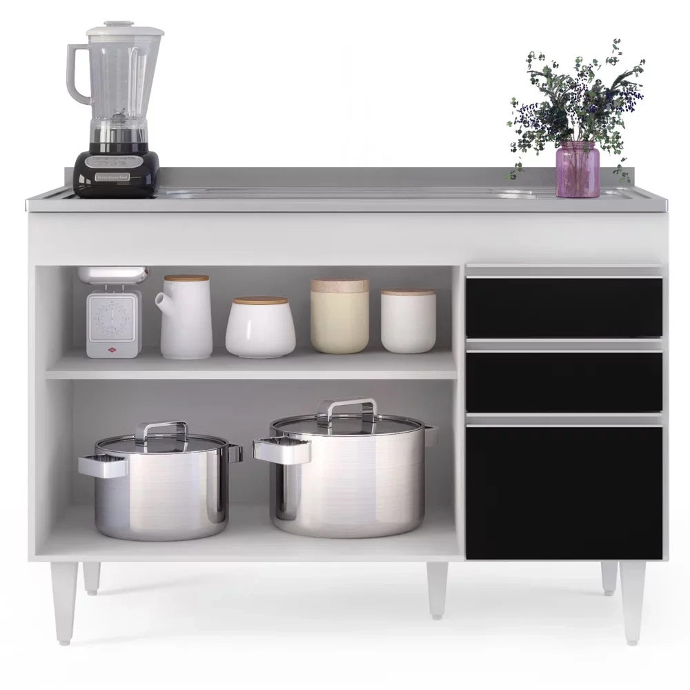 Armário de Cozinha Modulado de Canto 7 Peças CP21 com Pia Inox Branco/Preto - Lumil