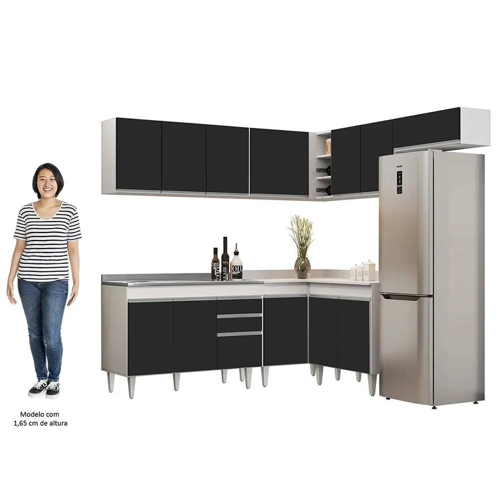 Armário de Cozinha Modulado de Canto 7 Peças CP21 com Pia Inox Branco/Preto - Lumil