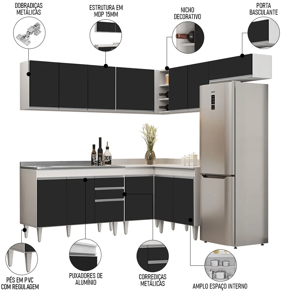 Armário de Cozinha Modulado de Canto 7 Peças CP21 com Pia Inox Branco/Preto - Lumil