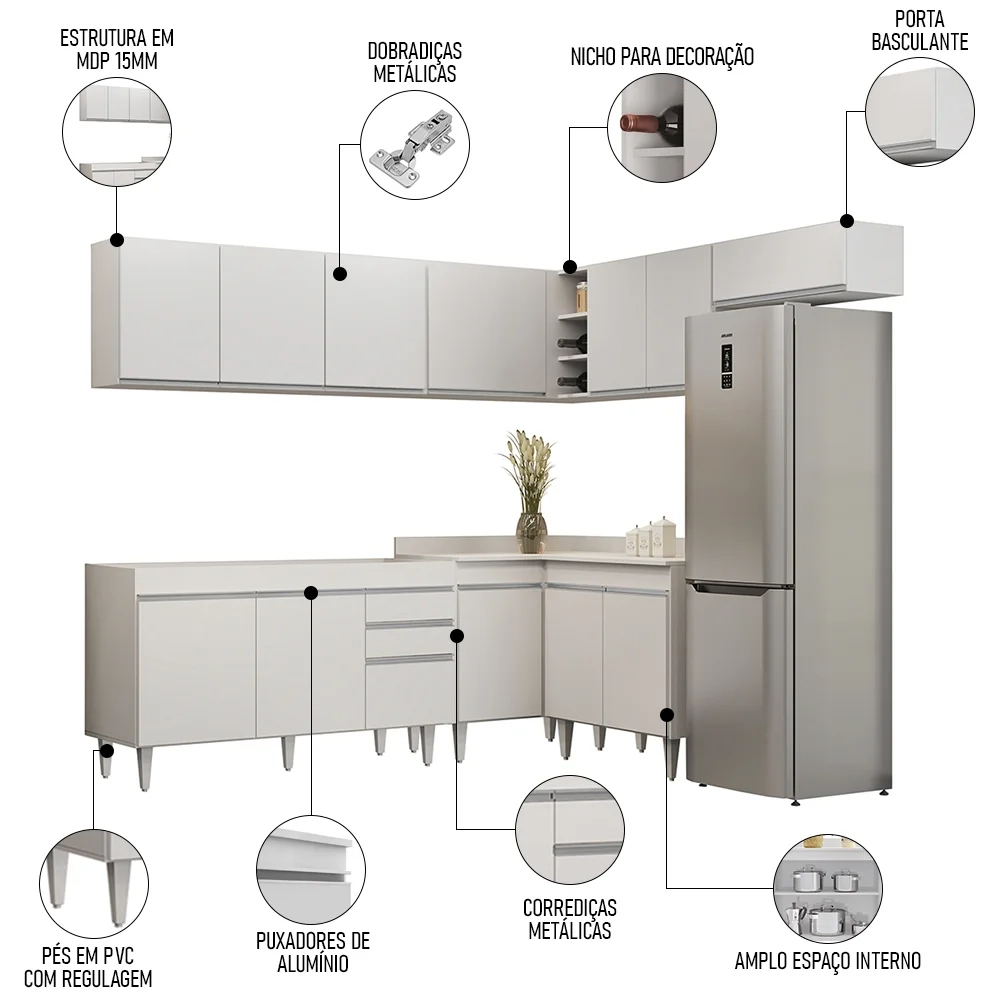 Armário de Cozinha Modulado de Canto 7 Peças CP22 Balcão sem Tampo Branco - Lumil