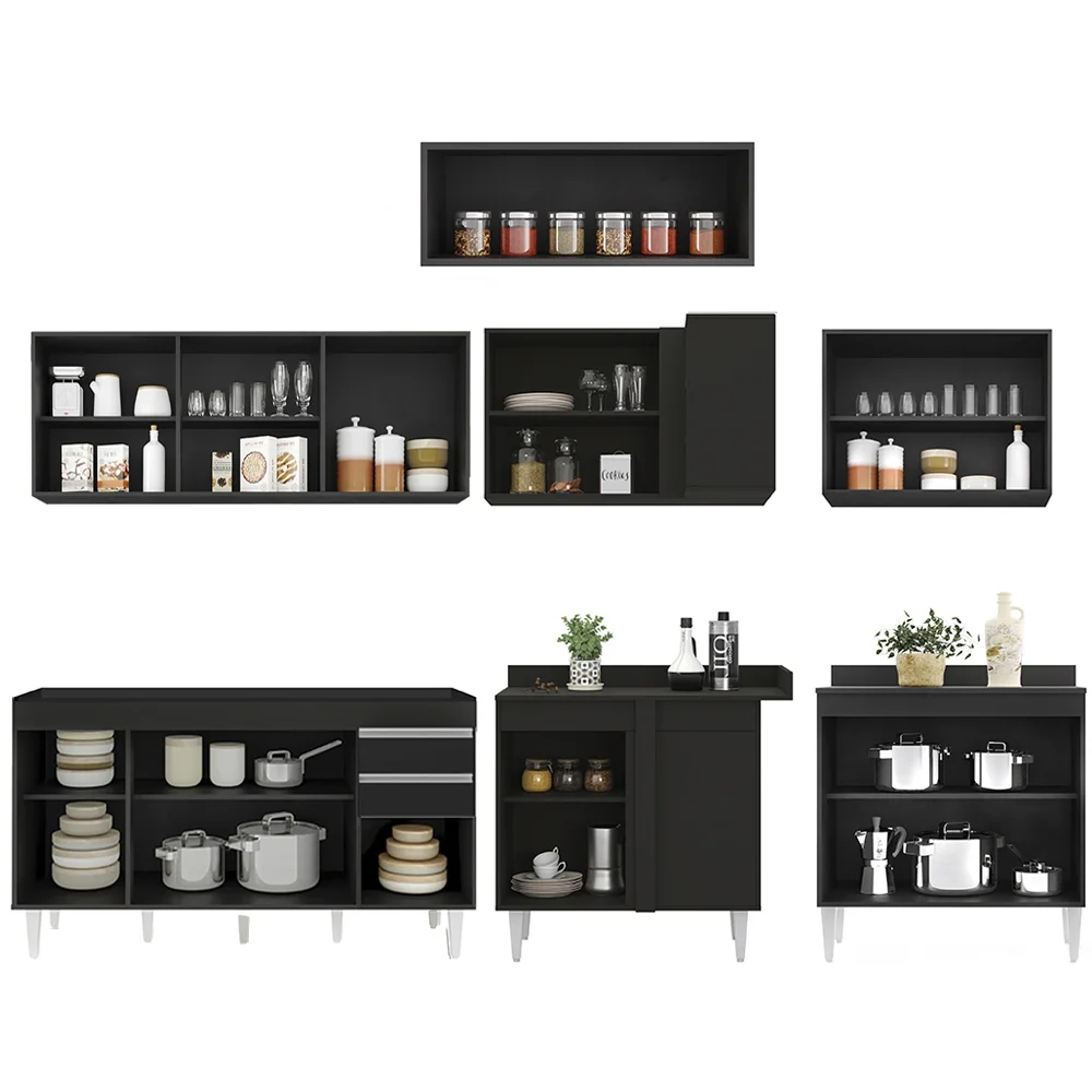 Armário de Cozinha Modulado de Canto 7 Peças CP22 Balcão sem Tampo Preto - Lumil