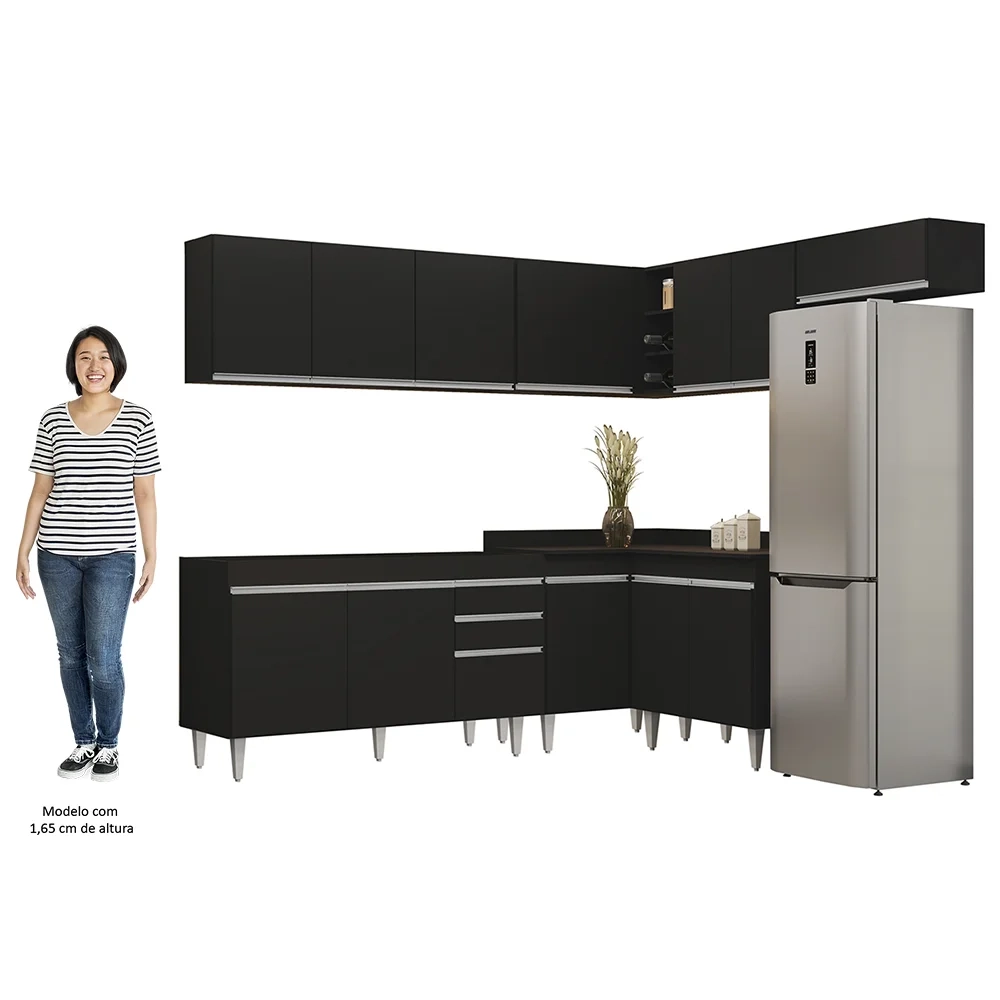 Armário de Cozinha Modulado de Canto 7 Peças CP22 Balcão sem Tampo Preto - Lumil