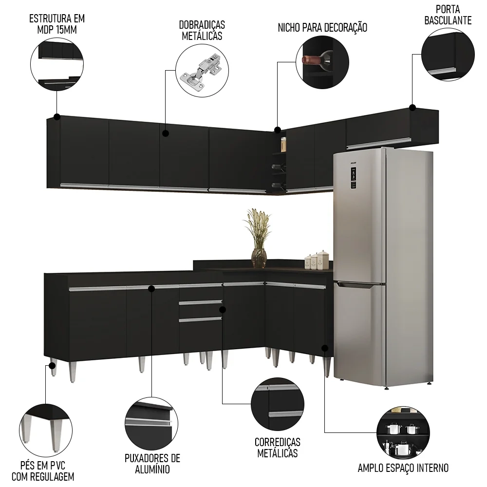 Armário de Cozinha Modulado de Canto 7 Peças CP22 Balcão sem Tampo Preto - Lumil
