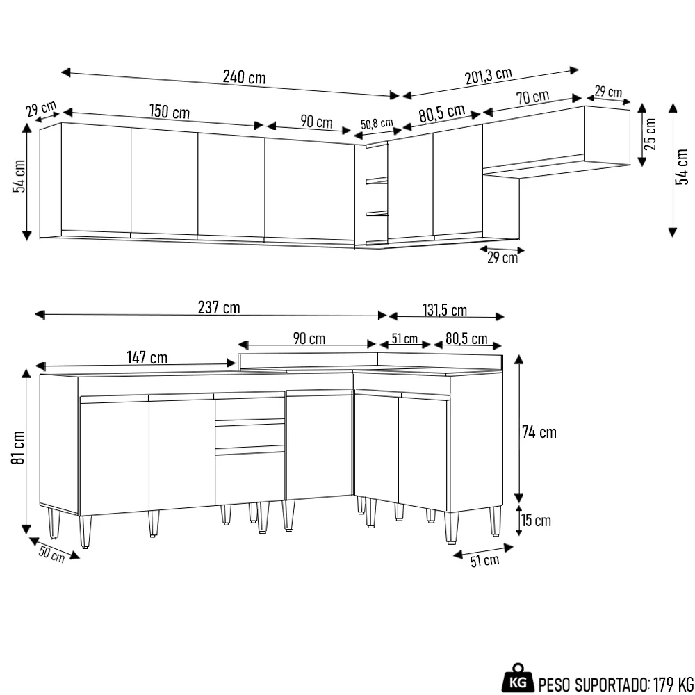 Armário de Cozinha Modulado de Canto 7 Peças CP22 Balcão sem Tampo Preto - Lumil