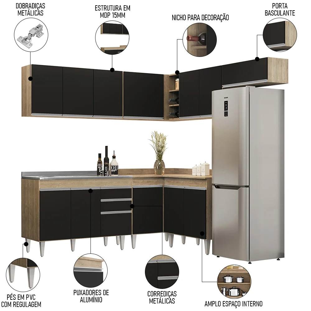 Armário de Cozinha Modulado de Canto 7 Peças CP21 com Pia Inox Castanho/Preto - Lumil