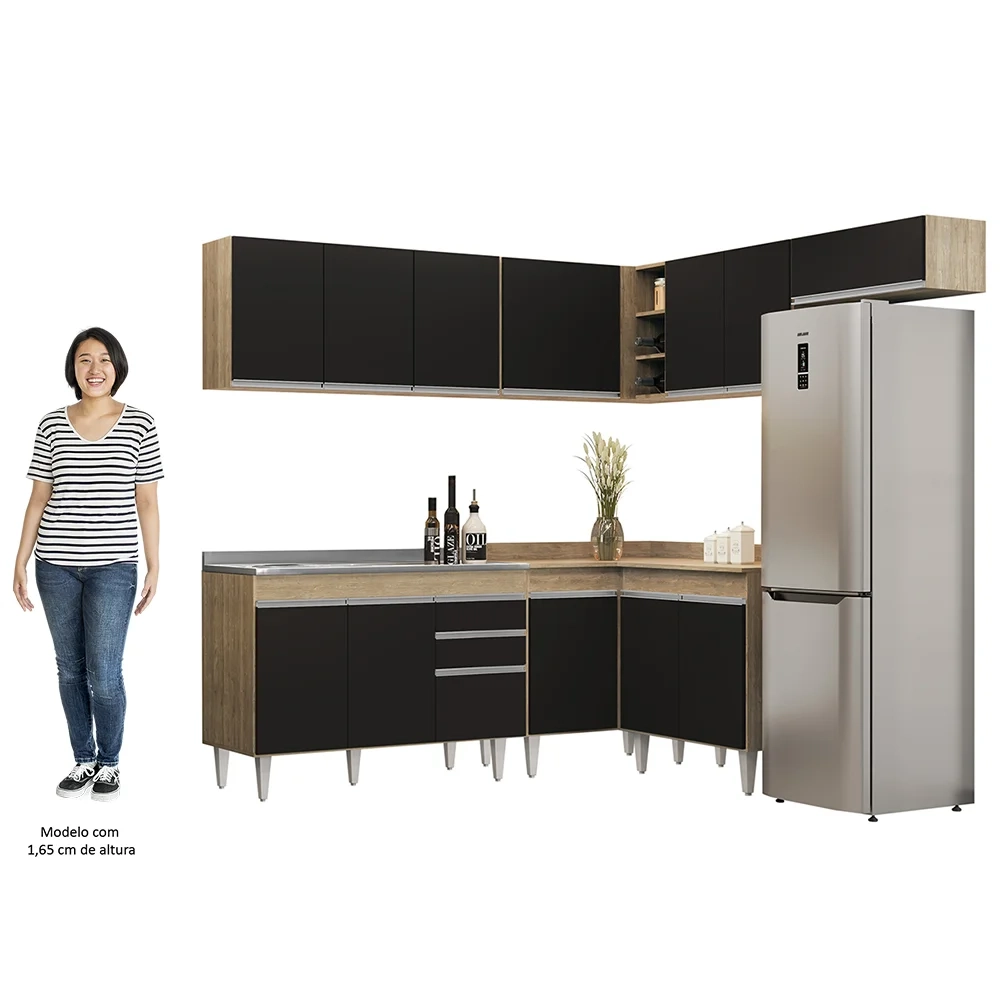 Armário de Cozinha Modulado de Canto 7 Peças CP21 com Pia Inox Castanho/Preto - Lumil