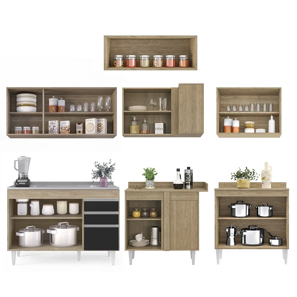 Armário de Cozinha Modulado de Canto 7 Peças CP21 com Pia Inox Castanho/Preto - Lumil