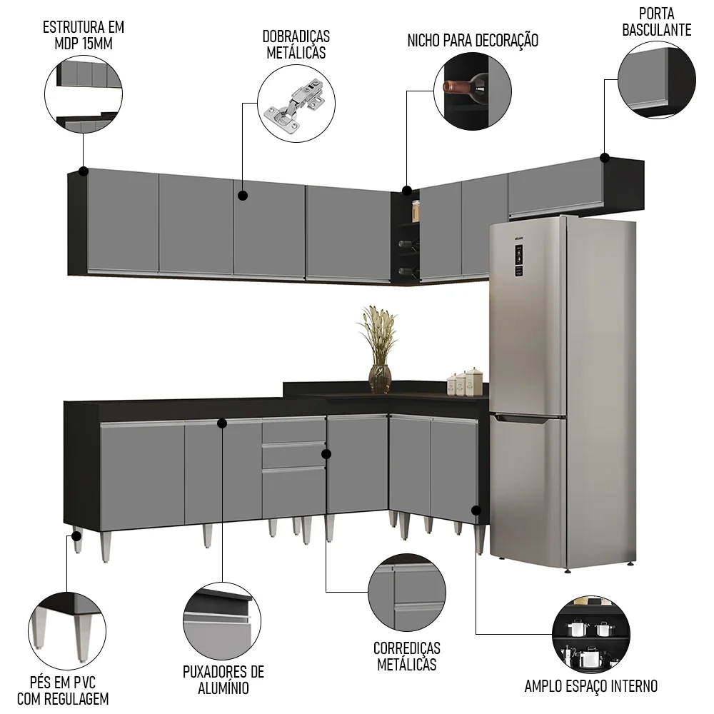 Armário de Cozinha Modulado de Canto 7 Peças CP22 Balcão sem Tampo Preto/Cinza - Lumil